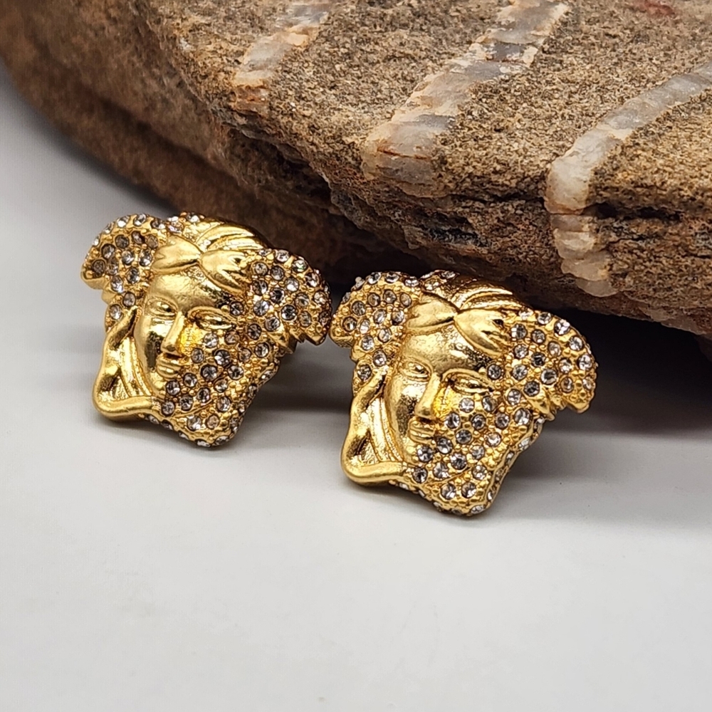 LARGE VERSACE MEDUSA HEAD GOLD STUD EARRINGS WITH CRYSTALS